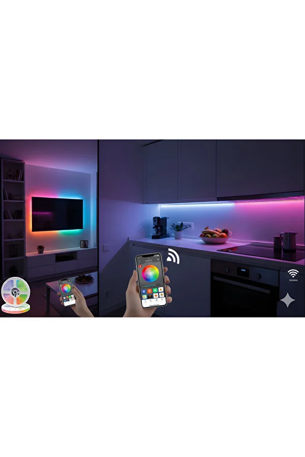 AKILLI RGB LED ȘERİT 12V 1.5A ADAPTÖRLÜ UZAKTAN KONTROL KUMANDALI RENKLI 5 METRE LED ŞERİT